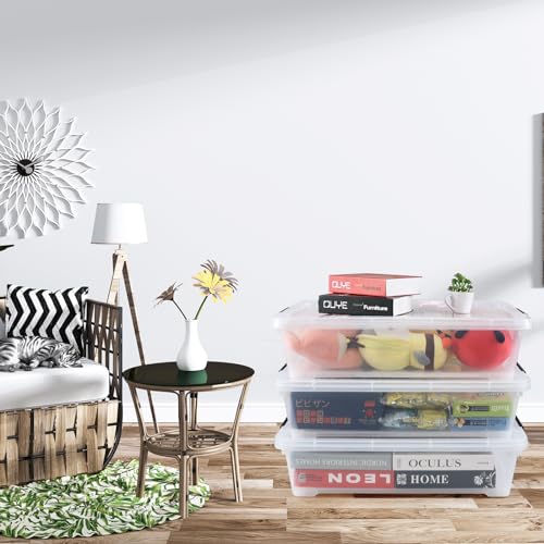 40 Quart Plastic Underbed Storage Box, Large Clear Shallow Box with Wheels Set of 3
