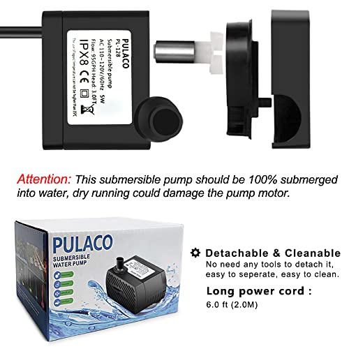 PULACO 50GPH 3W Mini Submersible Water Pump with 3.3 FT Tubing for Aquariums, Fish Tank, Pond, Fountain, Hydroponics