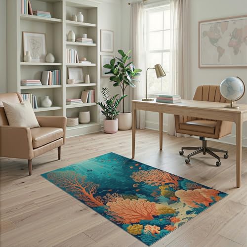 4'x6' Washable Flatwoven Rug, Orange Graphic Botanical Easy Care Throw Carpet for Dorm Room, Small Living Room, Apartment, Stain Resistant Low Profile Floor Covering | Ref:1993995 - color: Blue/Pattern 42, size: 4' x 6' (Rectangular)