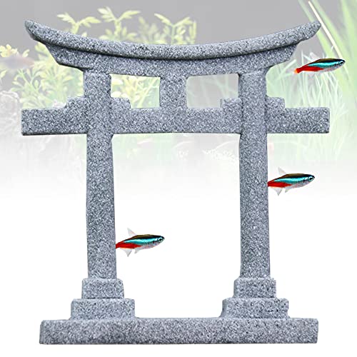livelyfish Japanese Shinto Torii Gate Fish Tank Decorations Asian Aquarium Statue Decor Japan Shrine Oriental Pagoda Bridge Sandstone Ornament Betta Fish Decorations for Tanks, Grey, S - size: Small-1