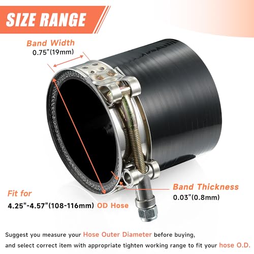 2 Pack 4" T-Bolt Hose Clamps, 304 Stainless Steel Turbo Intake Clamp, Working Range 4.25"-4.57"(108-116mm) for 4" I.D. Hose with 5mm Wall Thickness.(Measure your hose O.D. before buying) - size: 4" hose clamp 108mm-116mm (4.25"-4.56")