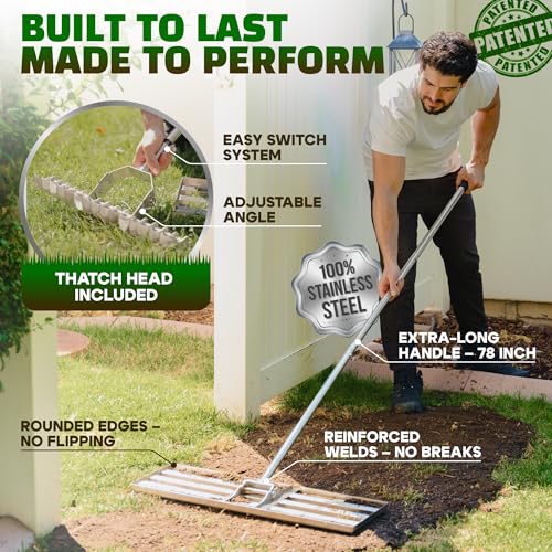 Oris Garden® Lawn Leveling Rake 30 inch - Ground Leveler for Yard, Sand, Soil, Grass - Dirt Leveling Tool, Heavy Duty Stainless Steel rakes for Golf, Grading, Gravel (30" Leveling + Thatch Rake) - style: 30" Leveling + Thatch Rake