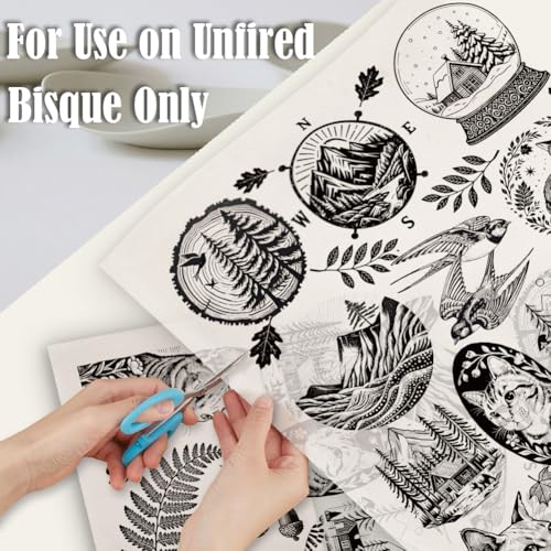 SUPERDANT 4PCS Mountain Scenery Underglaze Paper Transfer Cat Animal Transfer Paper for Clay Ceramic Porcelain Under Glaze Transfers for Pottery Enamel Decals Black Underglaze Decal Papers - style: Natural Element