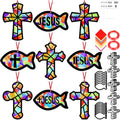 48PCS Sunday School VBS Crafts Bulk: Paper Cross Fish Nativity Suncatchers, Jesus Religious Christian Activity DIY Kits Church Decorations, Window Stained Glass Effect Art Supplies - style: jesus fish and cross