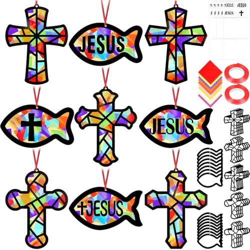 48PCS Sunday School VBS Crafts Bulk: Paper Cross Fish Nativity Suncatchers, Jesus Religious Christian Activity DIY Kits Church Decorations, Window Stained Glass Effect Art Supplies - style: jesus fish and cross