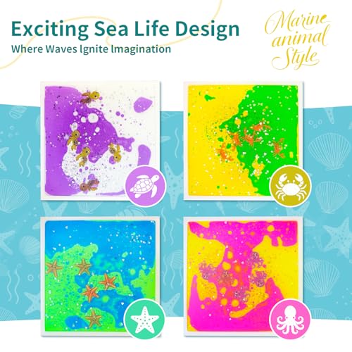Liquid Sensory Floor Tiles for Kids Ages 3+ - Colorful Liquid Play Mat with Glitter & Sea Creatures, 11.8"x11.8" Interactive Fidget Pad, Birthday Gift for Toddlers Boys Girls(4-Pack) - style: Ocean Tiles (4-Pack)