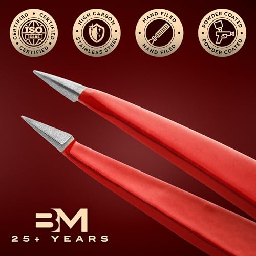 Pointed Tweezers | High Carbon Stainless Steel Needle Nose | Fine Point Precision Hair Removal | Perfectly Aligned & Hand-Filed Sharp | Red - color: Red