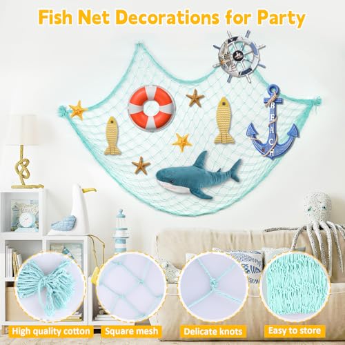 2 Pcs Fish Net Decorations, 39x78 Inch Cotton Nautical Themed Fishing Net, Wall Hanging Photo Display Fishnet for Coastal Bedroom Bathroom, Pirate Hawaiian Beach Under The Sea Party Decor, Sea Blue - color: Sea Blue