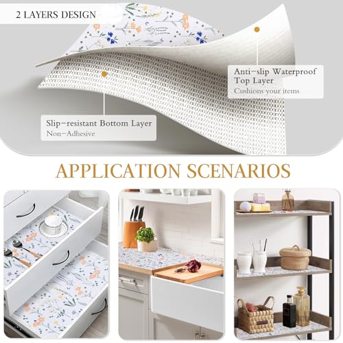 Beautysaid Shelf and Drawer Liner for Kitchen Cabinet, Non Adhesive Non Slip Shelf Paper Waterproof Washable Thickened for Dresser Pantry Shelve Bathroom Protector Liner(Floral,12 in x 20FT) - color: Floral, size: 12"W x 236"L