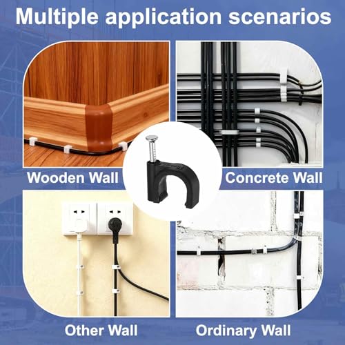 HARFINGTON 120pcs Cable Clips with Nail 10mm ID Circular Single Half Clamp J-Hook with Nail Cord Clips for Wires on Wall for Ethernet Tacks Coax Pex Tubing Pipe Support, Black