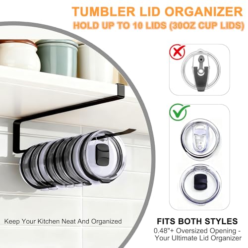 Tumbler Lid Organizer for Cabinet - Behind Door & Under Shelf Mount, Kezvulp No-Drill Holder (10-12 Capacity), Space Saving Anti-Drop Rustproof Rack, Fits 24oz Tumbler & 30/40oz Water Bottle Lids