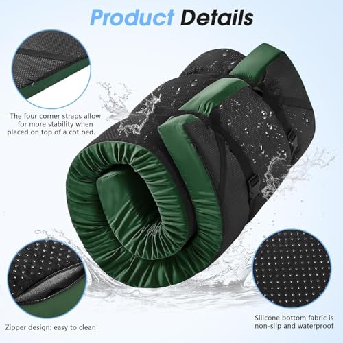 CYMULA 3 Inch Memory Foam Camping Pad, Camping Essentials Roll Up Floor Mat for Car Camping, Cot, Tent, Truck, Travel and Guest Use, Non-Slip Waterproof Bottom, Removable Cover - color: DARK GREEN, size: Cot:72*24*3