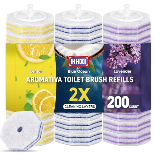 200Ct Aromative Toilet Brush Refills, Toilet Bowl Cleaner Refills, Double-Layer Cleaning Pads Added, Disposable Refill Heads for Toilet Bowl Cleaner Wands，Bulk （Patented） - color: Lemon, Blue Ocean, Lavender(200P)