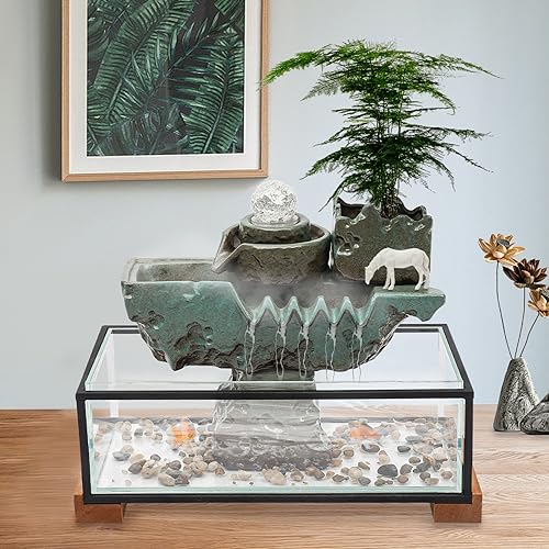 Desktop Water Fountain with LED Lights, Eco Fish Tank for Home Office Decor, 4mm Glass Indoor Waterfall with Mist for Good Luck Wealth, 16x8x5 Inch
