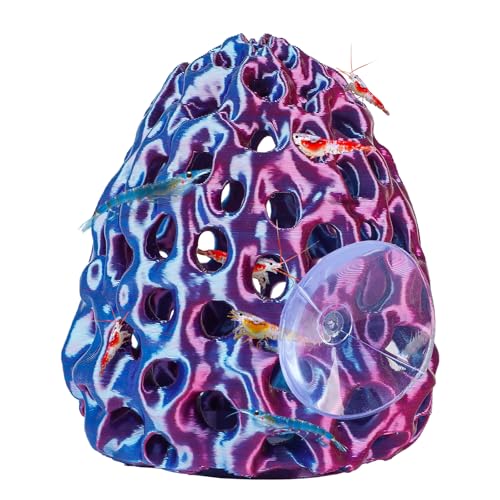Uniclife Shrimp Hides for Aquariums, Realistic Plastic Aquarium Coral Rock Decorations with Suction Cups, Blue-Violet - color: Blue-to-purple Gradient