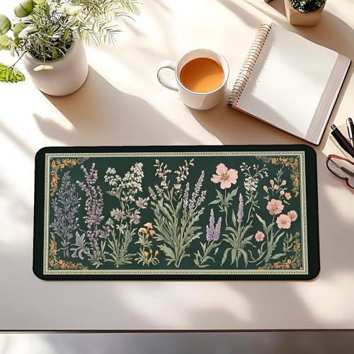 Deep Green Retro Desk Pad, Plant Flower Mouse Pad XXL, Large Gaming Mouse Mat, Laptop Pad, Desktop Protective Pad, Computer Mats with Stitched Edges, Women Office Desk Accessory 31.5"X15.7" - color: Green Lavender