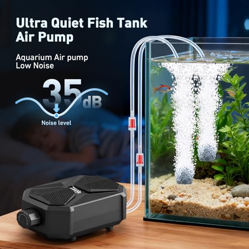 hygger Aquarium Air Pump, Ultra Quiet Oxygen Aerator with Air Stone Airline Tubing Check Valve, Aquarium Fish Tank Air Bubbler for 3 to 79 Gallon Tank and Bucket - size: Medium