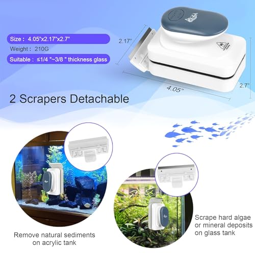 AQQA Aquarium Strong Magnetic Cleaner Brush, Fish Tank Glass Algae Magnet Cleaning Tool Floating Cleaner Scrubber Brush with 2 Detachable Scraper (Blue,S)
