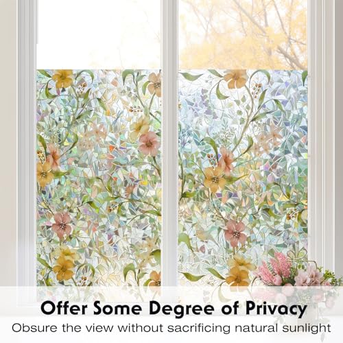 Volcanics Stained Glass Window Film with Installation Tools, Rainbow Window Privacy Film, Decorative Window Clings for Glass Windows, Static Cling Sun Blocking Floral Decals, 17.5 x 78.7 Inch - color: Flower Rainbow, size: 17.5" X 78.7"