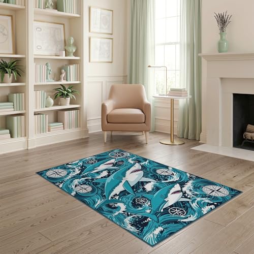 4'x6' Washable Flatwoven Rug, Navy Graphic Shark Easy Care Throw Carpet for Dorm Room, Small Living Room, Apartment, Stain Resistant Low Profile Floor Covering | Ref:2068650 - color: Blue/Pattern 14, size: 4' x 6' (Rectangular)