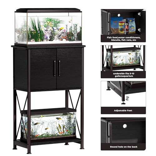 Herture 5-10 Gallon Fish Tank Stand, Metal Double Aquarium Stand with Cabinet for Fish Tank Accessories Storage, Heavy Duty 20.5" L* 11.02" W Tabletop, 500LBS Capacity Black PG06YGB - color: Black, size: 5-10 Gallon