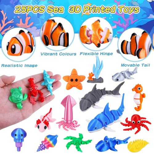 25 Pcs 3D Printed Ocean Animals Set, Flexible Articulated Mini Sea Animal Figurines Fidget Toy Desk Pets, Ideal for Party Favors Birthday Gifts Office Desktop Home Decor - style: 25Pcs-3D Ocean Animals