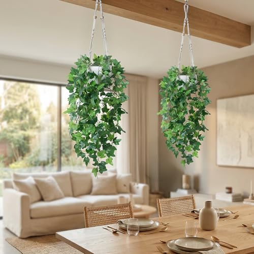 DREAMLOOM 2 Packs Fake Hanging Plants with Pots, Artificial Ivy Hanging Plants with Macrame Hanger for Indoor Decor, Fake Hanging Vines Faux Greenery for Home Kitchen Office - color: Ivy