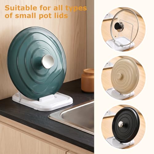 Pot Lid Holder with Spoon Rest for Stove Top, Foldable Kitchen Pot Lid Organizer for Countertop, Lid Holder While Cooking with Non-Slip Pads, White