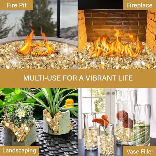 NUPICK 10 Pound Fire Glass for Pit, 1/2 Inch Tempered Reflective Glass for Propane & Gas Fireplace, Gold Rock - color: Gold, size: 10 Pound (1/2")