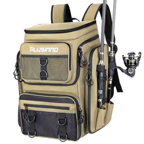 PLUSINNO Fishing Tackle Backpack with Rod Holders，42L Water-resistant Fishing Bag Store Fishing Gear,Fishing Gifts For Men. - color: Khaki