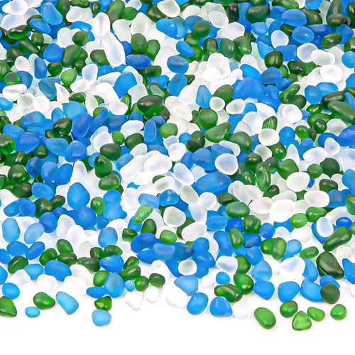 QEQEKAKA Sea Glass Stones for Crafts About 1LB (405g/14.28oz) Glass Pebbles Gemstones Bulk for Beaching Wedding DIY Decoration Aquarium Turtle Tank Vase Filler - color: White Green Blue, size: 1LB (405g/14.28oz)