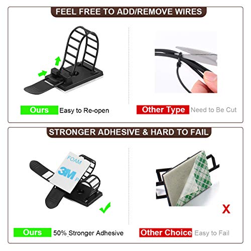 Adhesive Cable Management Clips, 50Pcs Adjustable Nylon Cable Strap Ties Wire Clips Clamps Organizer with Strong Adhesive Tape, Extra Screw & Hole for Strong Fixation Home Office - 3.55 Inch Black - color: Black, size: L-50pcs