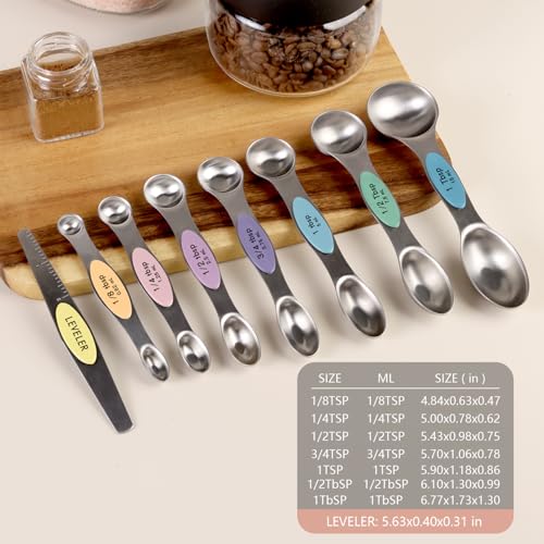 ChefAide Pack of 8 Stainless Steel Magnetic Measuring Spoons Set, Dual Sided, Stackable, Adjustable Teaspoon and Tablespoon Measure Spoon with Leveler, Kitchen Gadgets - color: Multicolor-4, size: Magnetic Measuring Spoons