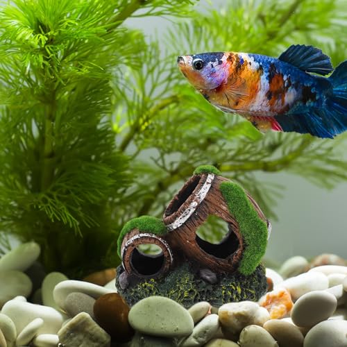 Resin Aquarium Barrel Decor Fish Tank Ornaments Betta Fish Hideout Small Resin Wine Barrel for Aquarium Cave Lizard Tank Accessories