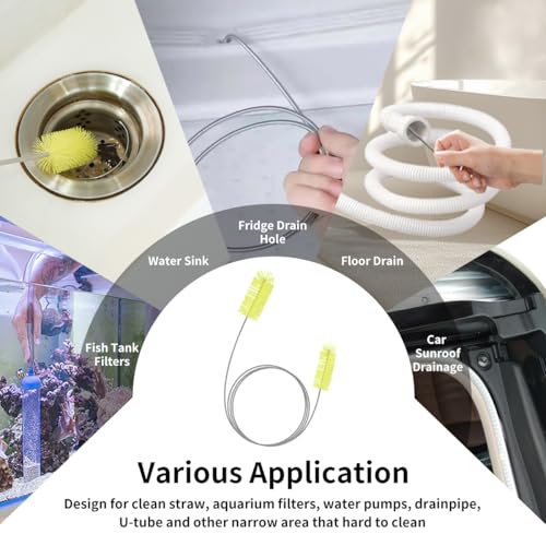 Flexible Drain Brush, 66 Inch Double Ended Aquarium Filter Hose Long Pipe Cleaners Brush for Fish Tank, Sink, Drain, and 2 Pieces 12 Inch Straw Cleaning Brush