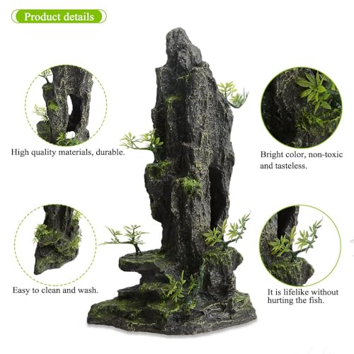 AnRui Aquarium Decorations Large and Tall Mountain View Stone Betta Hideout Fish Tank Accessories Decor Cute Tree Rock Cave Landscape for Turtles, Fish to Play, 14.4inch - size: 8.07" x 4.92" x 14.4"