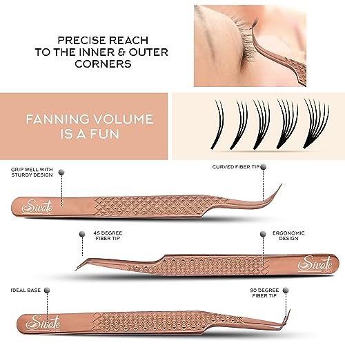 Eyelash Extension Tweezers Fiber Tips, Set of 6, Curved, Dolphin, 90 Degree 45 Degree, Volume Boot & Slight Curved Tweezer, Rose Gold