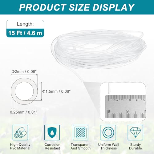 uxcell Clear PVC Tubing, 1.5mm ID x 2mm OD - 15ft PVC Tube Lightweight Vinyl Hose, Transparent Flexible Plastic Water Tubing for Air Oil Water Transfer Aquarium Irrigation - size: 1.5mm ID x 2mm OD