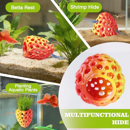 Shrimp Dome Hide, Shrimp Hides for Aquarium, Betta Fish Hideout with Suction Cup, Betta Habitat Tank Ornament Accessories, Aquarium Decor for Small Fish Guppy Hiding Resting (Gold Red) - color: Gold Red Gradient