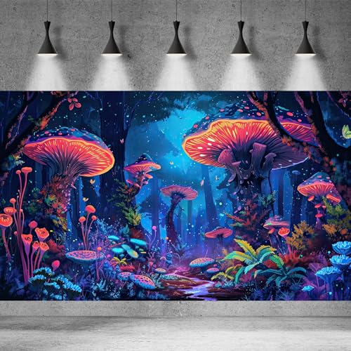 Mushrooms Aquarium Background Fantasy Bright Flowers Butterflies Fish Tank Backdrop Decoration Poster Trippy Wonderland Landscape with Giant Mystical Mushrooms Terrarium Background Decor 24x12in - color: Blue Red, size: 24(W)x12(H)in