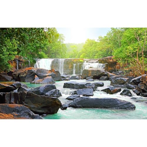 Waterfall Aquarium Background Natural Jungle Forest Landscape Terrarium Background Lush Green Trees Plants Stream Fish Tank Background Falls Forest Rocks Reptile Background Vinyl 24x12in - color: Light Green, size: 24(W)x12(H)in