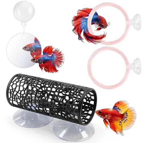 Betta Fish Toys, 1 Betta Fish Tunnel Hammock, 1 Fish Mirror with Floating Ball & 2 Exercise Training Ring Toys, Betta Fish Tank Accessories
