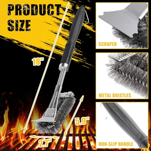 Grill Brush with Detachable Handle, Non-Slip BBQ Grill Brush for Outdoor Grill, 18 Inch Stainless Steel Grill Cleaning Brush with Scraper, Space Saving Grill Cleaner for Gas/Charcoal Grates