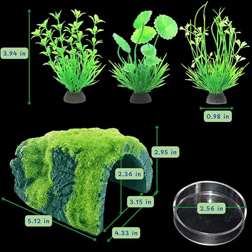 Axolotl Hides for Aquarium with Feeding Dish and Fake Plants Set, Axolotl Cave with Green Plants, Aquarium Decor, Fish Tank Decorations, Turtle Tank Accessories (Cave+Plant+Feeding Dish, L) - color: Cave+Plant+Feeding Dish, size: L