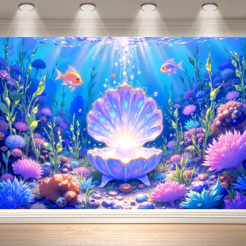 8x6ft DewPrint Underwater Backdrop for Under the Sea Party Decorations, Mermaid Ocean Scene with Giant Shell & Pearl, Coral Reef Fish Aquarium Background for Photography Kids Birthday Baby Shower - size: 8x6 FT/96x72in