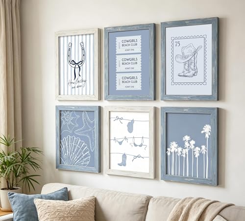 Cowgirl Beach Club Wall Art Set of 6, Western Coastal Blue and White Canvas Prints Nautical Pictures Wall Decor Summer Beach Poster Prints for Coastal Home Vacation House 8x10 inch unframed - color: Cowgirl Beach Club, size: 8x10in