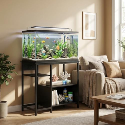 40-50 Gallon Fish Tank Stand with Power Outlets, Heavy Duty Metal and Wood Aquarium Stand with 4-Tier Open Storage Shelves, for Fish Tank, Turtle & Reptile Terrarium, 36.6" × 18.9" × 30.7" - color: Black, size: 36.6