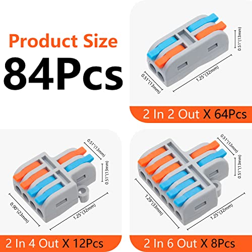 84Pcs Lever Wire Connectors, 2 in 2 Out Quick Compact Assortment Pack Electrical Connector for AWG24-12