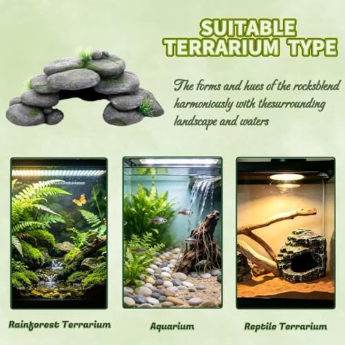 Aquarium Rock Cave House, Natural Looking Rocks | Built with durable materials, these reptile cave shelters work great as aquarium decor. - color: Green-Medium