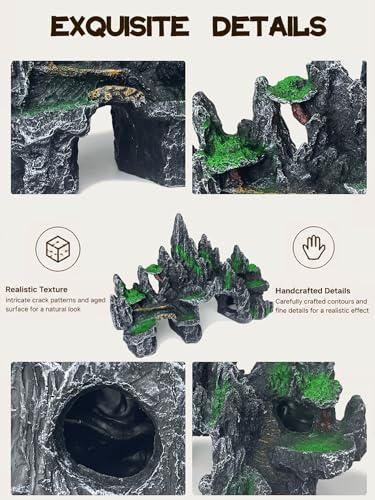 Aquarium Decor - Large Mountain Rock Cave for Fish Tank, Aquarium Hideout Ornament with Rock Texture for Betta, Guppy, Shrimp - Aquatic Hide Decoration, Fish Hiding House（Black） - color: Multi-peak Rock - Black